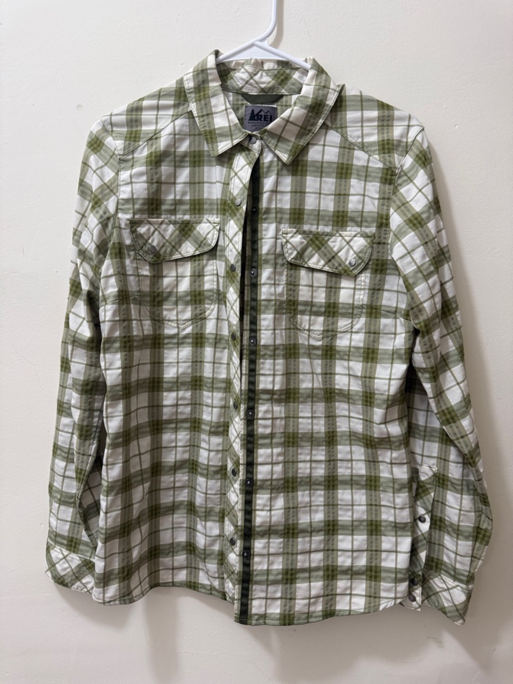 REI Olive Green and White Plaid Button-Front Shirt